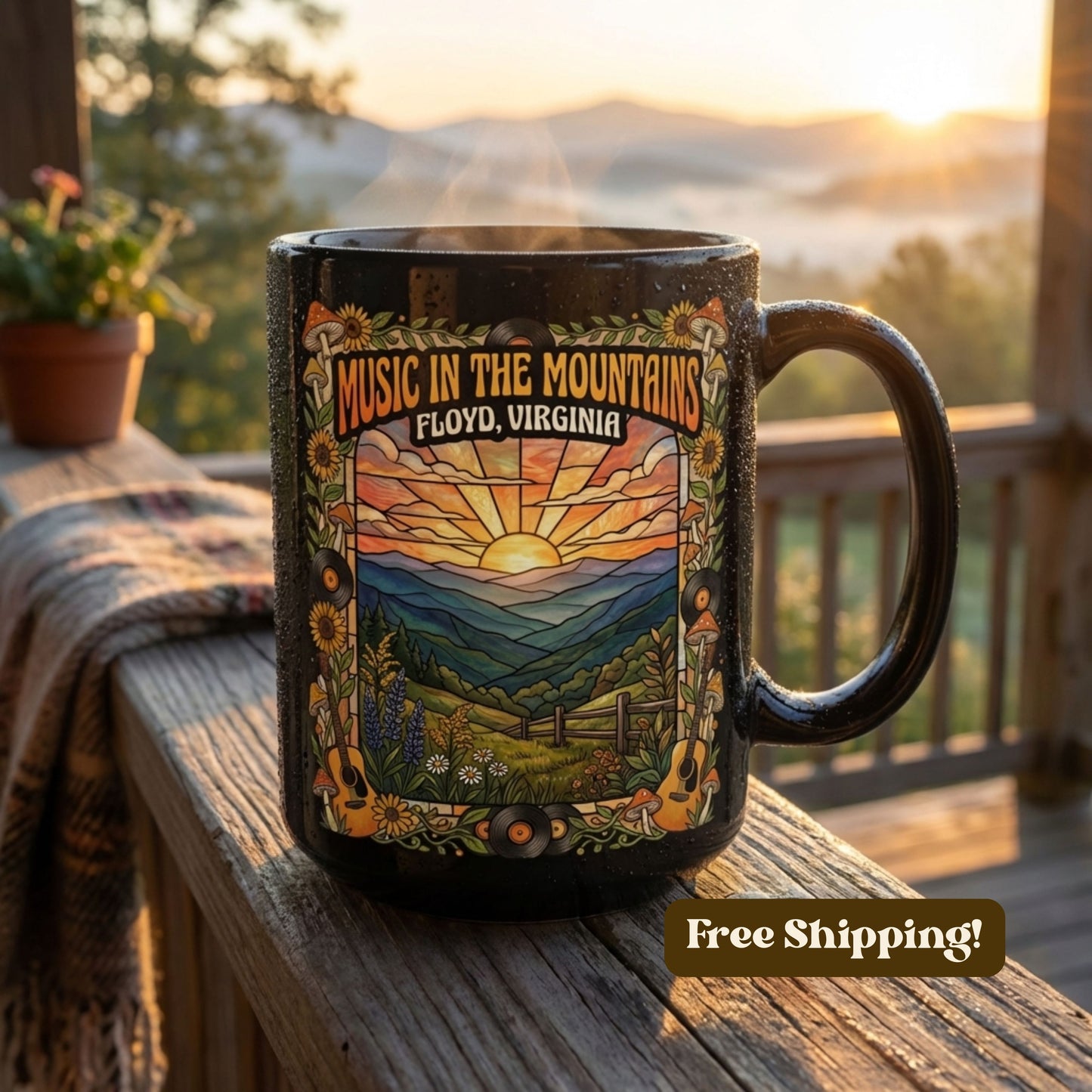 Music in the Mountains Mug – Floyd, Virginia | 15oz Black Ceramic Coffee Mug