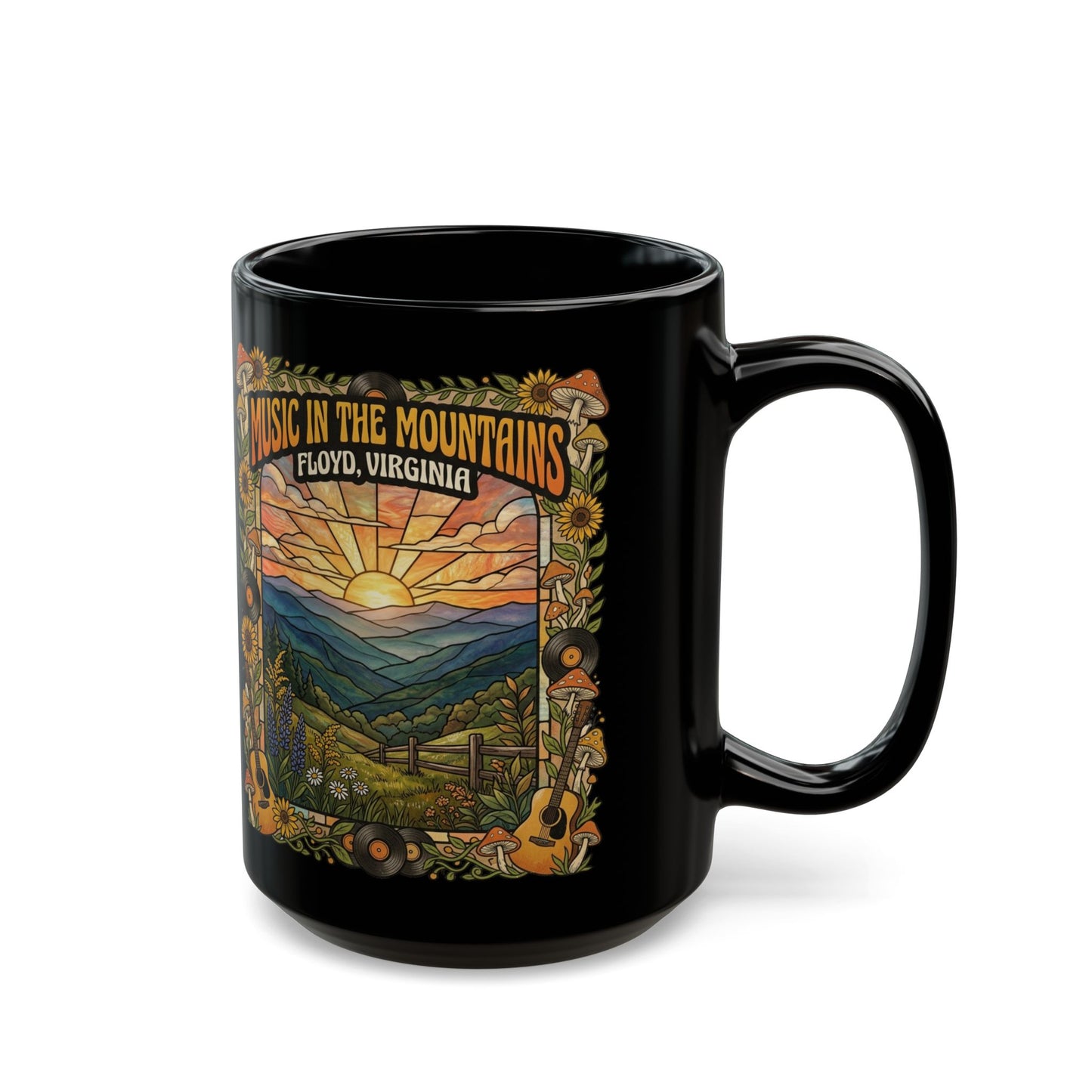 Music in the Mountains Mug – Floyd, Virginia | 15oz Black Ceramic Coffee Mug