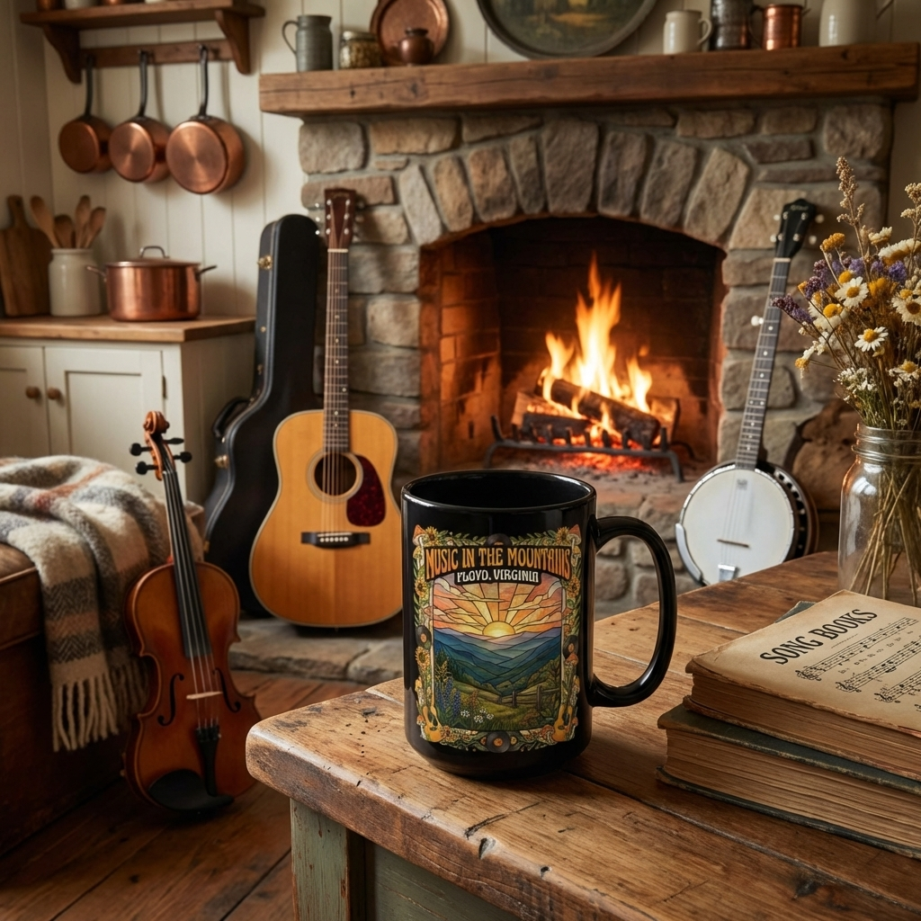 Music in the Mountains Mug – Floyd, Virginia | 15oz Black Ceramic Coffee Mug