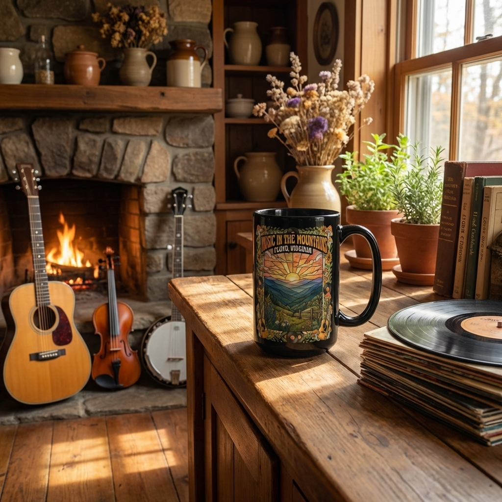 Music in the Mountains Mug – Floyd, Virginia | 15oz Black Ceramic Coffee Mug