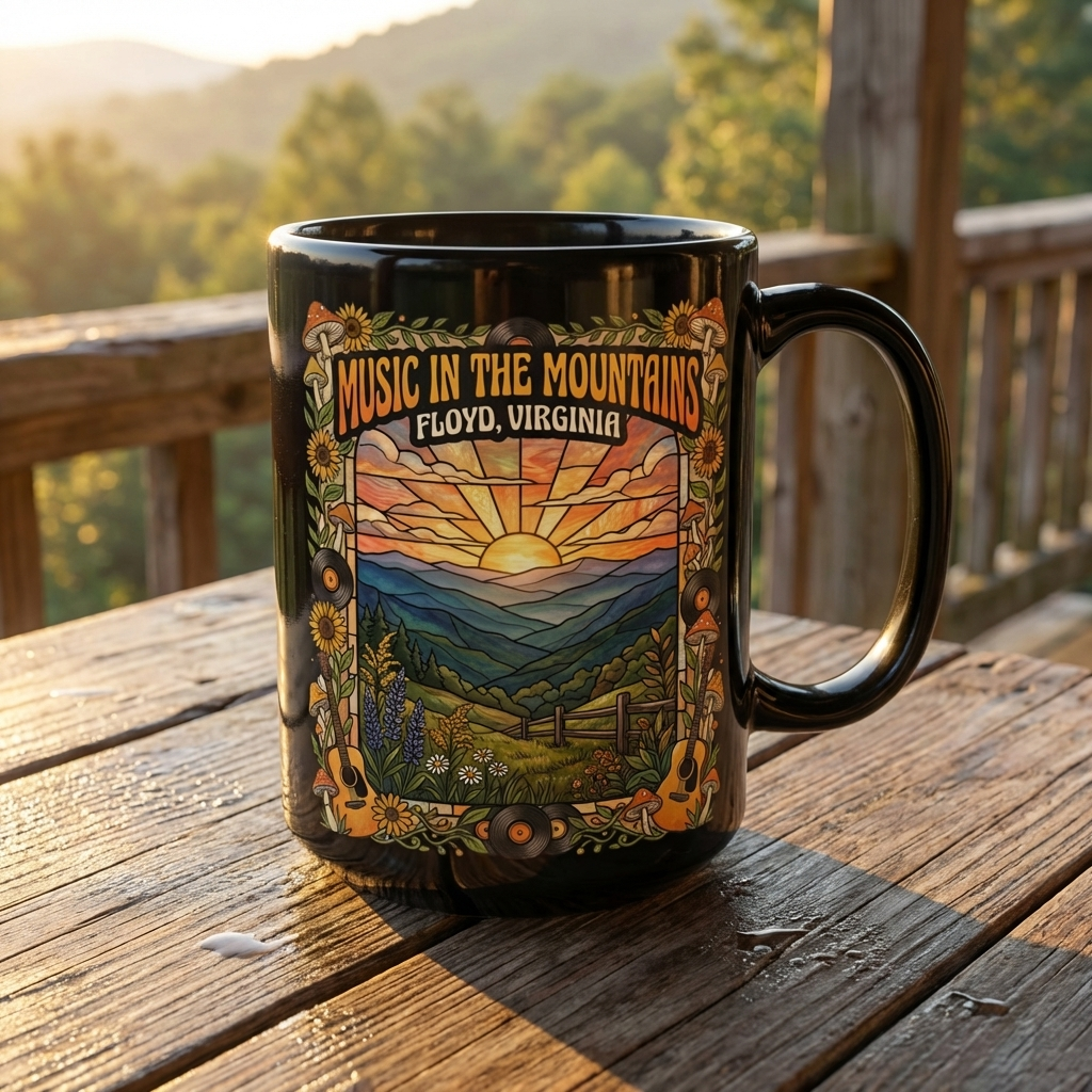 Music in the Mountains Mug – Floyd, Virginia | 15oz Black Ceramic Coffee Mug