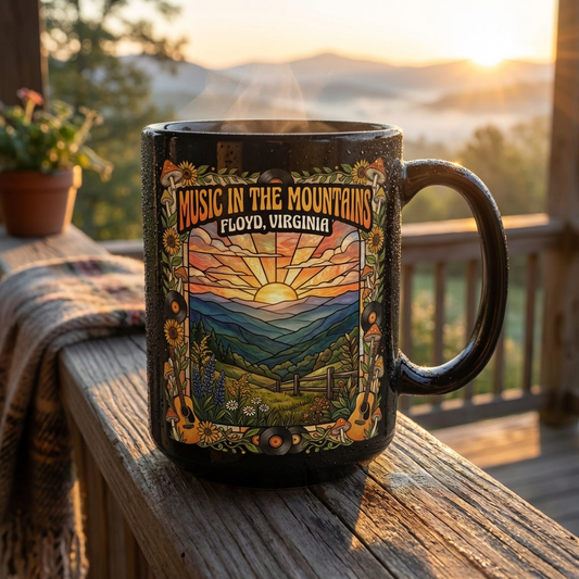 Music in the Mountains Mug – Floyd, Virginia | 15oz Black Ceramic Coffee Mug